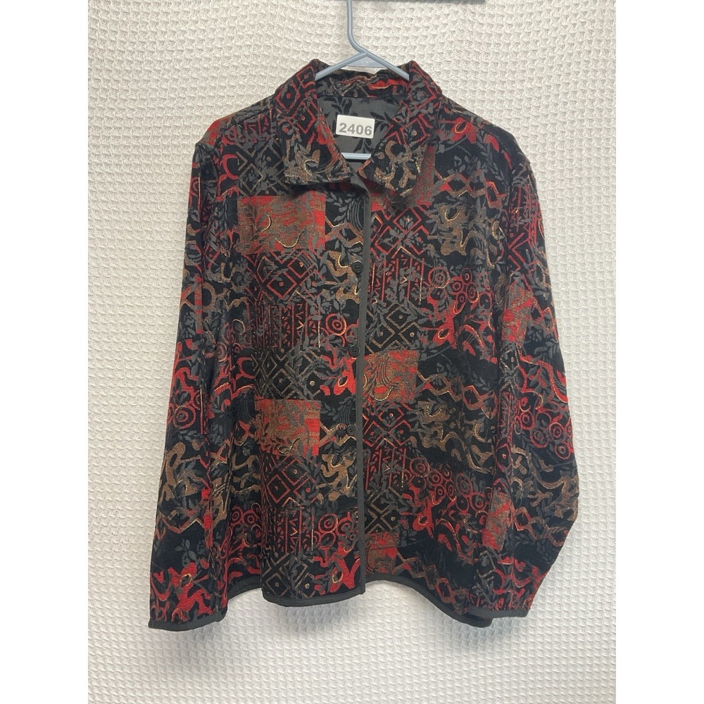 Vintage Women's Tapestry Blazer L Black Red Cottagecore Artsy Jacket Colorful